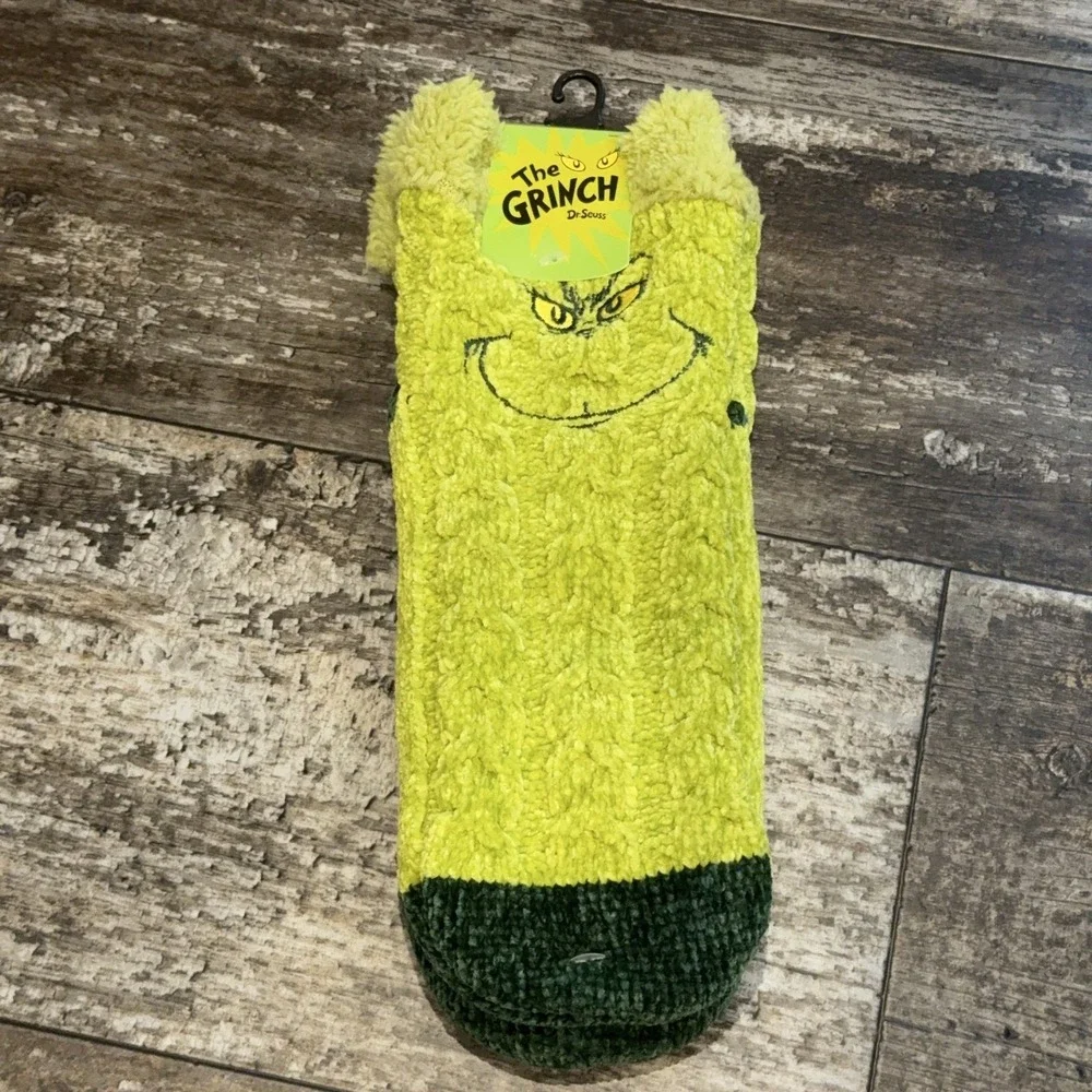 Bioworld Dr Seuss The Grinch‎ Slipper Socks Womens 5-10 Green Fuzzy Non-Slip NEW